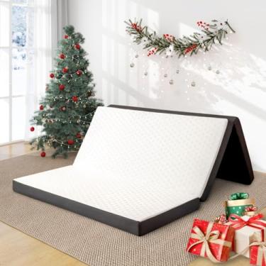 Imagem de MUUEGM Colchão dobrável de espuma viscoelástica de tamanho único, colchão dobrável de 10 cm para ioga/viagem/trailer/acampamento/quarto de hóspedes, três dobras com capa lavável, bolsa de