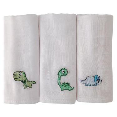 Imagem de Kit 3 Fralda de Pano Bebê Branca Bordada Bichinhos Algodão Menino Meni