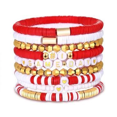 Imagem de VOGUEKNOCK Pacote com 9 pulseiras femininas empilháveis Heishi com contas elásticas para fãs de futebol americano, esportes, jogos, equipes, joias, acessórios, presentes, one size, Vinil, Sem pedras