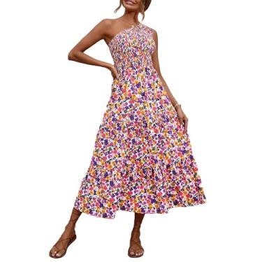 Imagem de BTFBM 2025 Vestidos de verão de um ombro único para mulheres, casual, sem mangas, cintura alta, floral, rodado, boho, praia, maxi vestido, Floral, branco, roxo, M