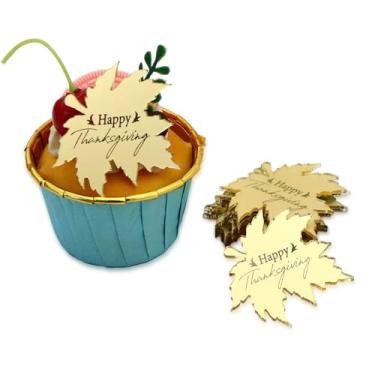 Imagem de AiQi Bakes 12 Pieces Happy Thanksgiving Mirror Acrylic Cupcake Toppers, Maple Leaf Shape For Mini Cake Decoration Party Supplies (Golden)