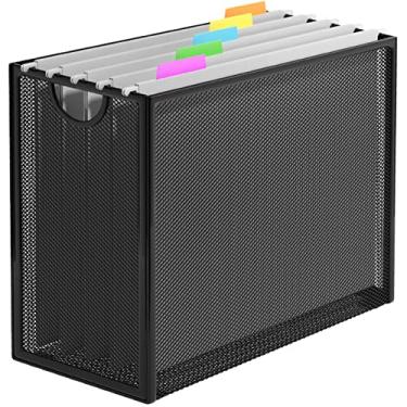 Imagem de GoldOrcle Organizador de arquivos suspensos, caixa de arquivo tamanho carta com 5 pastas suspensas, armazenamento de pasta de arquivos de mesa de malha de metal (sem necessidade de montagem)