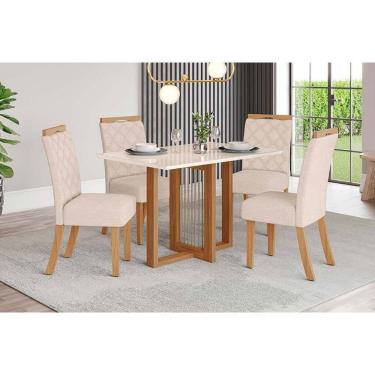 Imagem de Conjunto Mesa De Cozinha Natalí Com Tampo Madeirado Com Vidro Reto 120x80cm E 4 Cadeiras Bella Nature Linho Henn