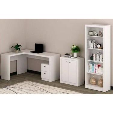 Imagem de Escritório Completo 1 Mesa De Canto Para Escritório Me4129 + 1 Balcão Me4103 + 1 Estante Me4104 3 Peças Branco Tecno Mobili