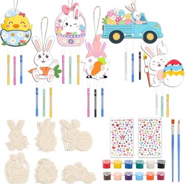 Imagem de Fangoo Kit de artesanato de sino de vento de páscoa para fazer você ser dono de coelho, ovo, pintinho, sinos de vento, atividades de colorir de madeira, faça você mesmo, para meninas, meninos