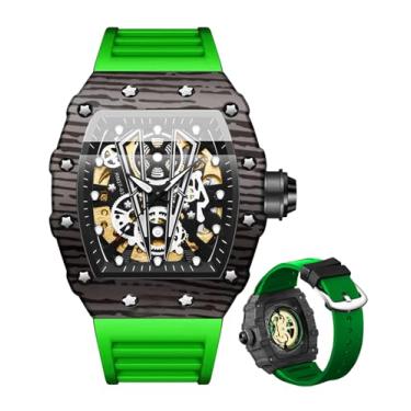 Imagem de BINBOND Relógio masculino automático quadrado esqueleto mecânico corda automática moda pulseira de silicone relógio de pulso masculino à prova d'água luminoso, Verde, preto, relógios masculinos