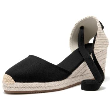 Imagem de U-lite Sandália feminina espadrille cunha, bico fechado, plataforma com cadarço e tira no tornozelo, slingback, Tela preta - 6,3 cm (2,5"), 36