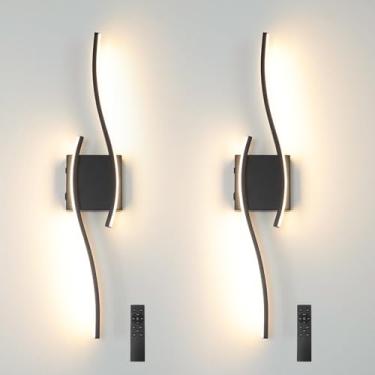 Imagem de Arandela de parede moderna operada por bateria conjunto de 2, arandelas de parede pretas com controle remoto, luminárias recarregáveis por USB reguláveis, luz de parede LED sem fio para sala de estar