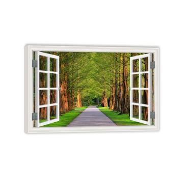 Imagem de Impressão em tela arte de parede vista de janela árvore verde no parque estrada natureza fotografia realismo paisagem cênica colorida multicolorida sala de estar decoração de parede 20x30 cm