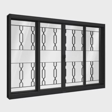 Imagem de Janela de Aço de Correr Central com Grade Mosaico 4 Folhas 100x150cm Aço Pronto Riobras