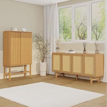 Imagem de Kit Balcão 4 Portas Rattan com Cristaleira Porta Ripada Magna Cabecasa Madeiramadeira