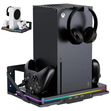 Imagem de Suporte de parede com suporte de carregamento de resfriamento para Xbox Series X/S, estação de carregamento de controle duplo vertical compatível com console Xbox Series X/S, acessórios com ventilador