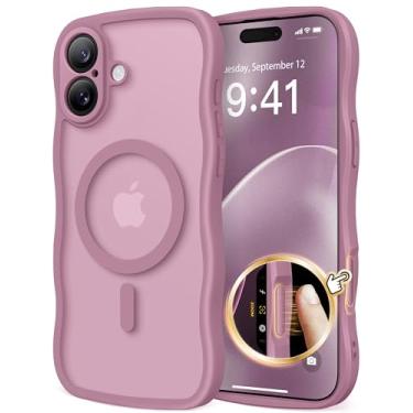 Imagem de Capa para iPhone 16 para mulheres e meninas, atualizada [proteção total da câmera] [compatível com MagSafe] Capa de telefone fosca translúcida ondulada fofa para iPhone 16, groselha preta