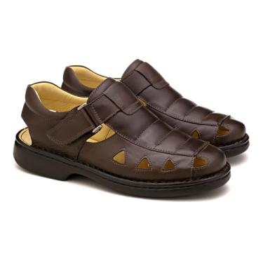 Imagem de Sandália Masculina Couro Legítimo Franca Brasil | Palmilha Anatômica com Amortecedor para Esporão de Calcâneo | Solado Antiderrapante | Leve e Confortável | 36 ao 44 (BROWN, BR, Adulto, Numérico, 38)