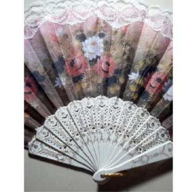 Imagem de Leque Branco Espanhol Tecido Floral E Renda Atacado Japonês - WCAN