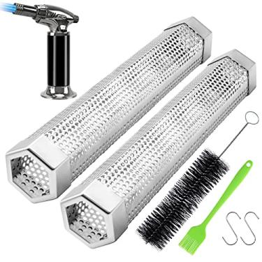 Imagem de Tubo de defumador de pelots, pacote com 2 tubos para fumar butano e 2 ganchos, 2 escovas, tubo de pellets de 30,5 cm e isqueiro de cozinha recarregável, tubo de defumador para fumar frio/quente (2 pacotes de defumador de 30,5 cm, gás butano não incluído)