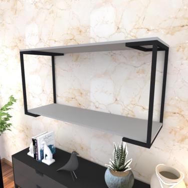 Imagem de Prateleira Industrial Suspensa Estante Parede Nicho Cinza Ferro E Madeira Suporte Pratileira