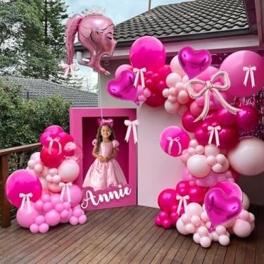 Imagem de Kit de guirlanda de balões de arco rosa princesa – 130 peças arco de balão rosa choque com coroa menina boneca e arco balões de folha de coração, para maquiagem, aniversário de menina, festa de chá