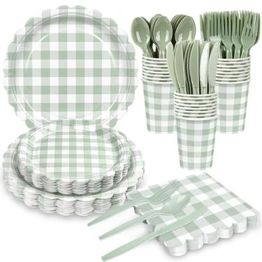 Imagem de Conjunto de 200 peças de pratos e guardanapos de papel guingão verde sálvia verde guingão, pratos de papel recortado, xadrez verde e branco, talheres para chá de bebê, casamento, churrasco