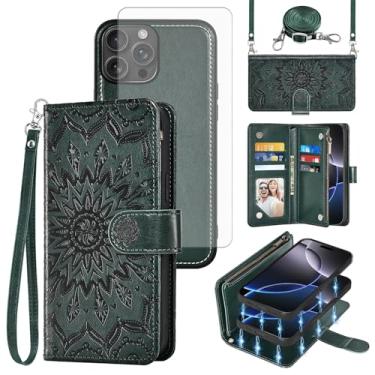 Imagem de Capa de telefone para iPhone 16 Pro Max 17.5 cm carteira magnética destacável com protetor de tela alça transversal alça flip porta-cartão slot i Phone16 16Pro i16 ProMax 16ProMax verde escuro