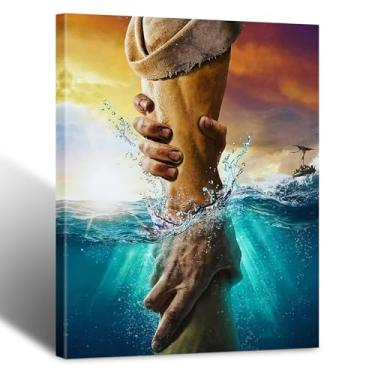 Imagem de Arte de parede emoldurada de Jesus, cristã, a mão de Deus, Jesus chegando à água, cristo, religião, arte de parede, decoração, azul, oceano, imagens bíblicas, pôsteres para igreja sala de oração 30 x