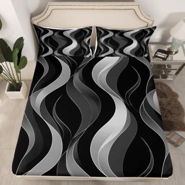 Imagem de jejeloiu Jogo de lençol solteiro geométrico preto e cinza, geométrico, geométrico, listrado, respirável, arte abstrata, arte moderna