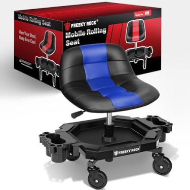 Imagem de FREEKYROCK Banco de rolamento com rodas, assento pneumático de garagem de altura ajustável com encosto, capacidade de 181 kg, cadeira giratória de 360° com armazenamento de bandeja de ferramentas