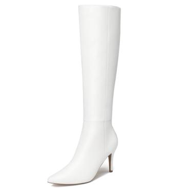 Imagem de ALICEPUB Botas de cano alto para mulheres, bico fino, botas de salto longo, botas de couro, salto agulha até o joelho, botas com zíper lateral, sexy, Branco, 37
