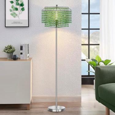Imagem de Luminária de chão de cristal, luminária de pé elegante de 162 cm de altura com interruptor de pé liga/desliga, lâmpada prateada com abajur de cristal de camada dupla verde, lâmpadas de pé para quarto