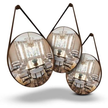 Imagem de Espelho de couro costurado com alça + suporte 60 cm 50 cm 40 cm 30 cm Sala de estar Quarto Banheiro Redondo(Kit 3 30cm - Café)
