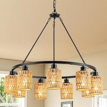Imagem de OTeedo Lustres de vime boho de 9 luzes de 81 cm para sala de jantar, lustres de roda de vagão de fazenda, luzes pendentes redondas penduradas de altura ajustável para ilha de cozinha, abajur de vime
