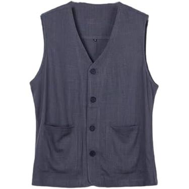 Imagem de Verão Colete De Linho Para Homens De Um único Peito Blazer De Terno Fino Veset Sem Mangas Blazer Casual Vintage Loose Fit Jaqueta Esportiva Verão Lazer Jaqueta Top, dark grey, XXL