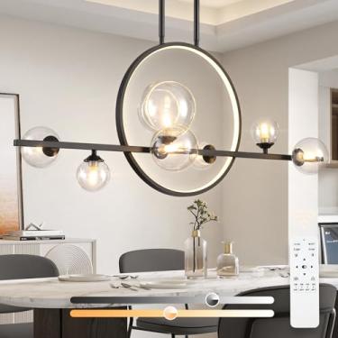 Imagem de KELUOLY Lustre moderno para sala de jantar de 7 luzes, luzes pendentes lineares pretas reguláveis de 95 cm com sombra de vidro globo, luz de ilha minimalista para sala de jantar, escritório, cozinha