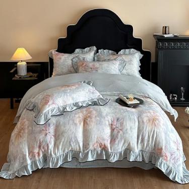 Imagem de HighBuy Conjunto de capa de edredom com babados, azul, chique, azul, floral, 100% linho, algodão, natural, super macio, confortável, chique, leve - 1 capa de edredom com 2 fronhas