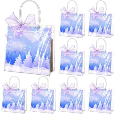 Imagem de Henoyso 24 sacos de presente transparentes de floco de neve, PVC, Natal, inverno, festas, lembrancinhas, sacolas de plástico para doces com alças e fita, 19 x 19 x 8 cm (roxo gradiente e azul, neve)