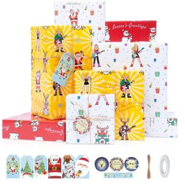 Imagem de Larcenciel Conjunto de papel de embrulho musical de Natal com etiquetas de presente, adesivos de Natal, barbante e fita, 6 folhas de papel de embrulho festivo, Papai Noel, boneco de neve e rena para