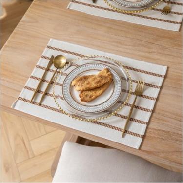 Imagem de Caflife Jogo americano Boho Farmhouse, conjunto de 6, tapetes de mesa de algodão e linho com listras marrons para mesa de jantar moderna, tapetes rústicos de 33 x 48 cm para decoração de cozinha