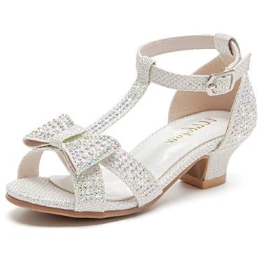 Imagem de Sandália infantil Walofou/criança pequena/criança grande/salto baixo com strass, Branco, 13 Little Kid
