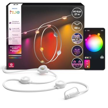 Imagem de Philips Hue Cordão de luzes Festavia permanentes para ambientes externos, 27,4 m, 48 luzes, 55 lúmens por luz, regulável, à prova de intempéries, resistente à água, fácil de instalar, ambiente branco