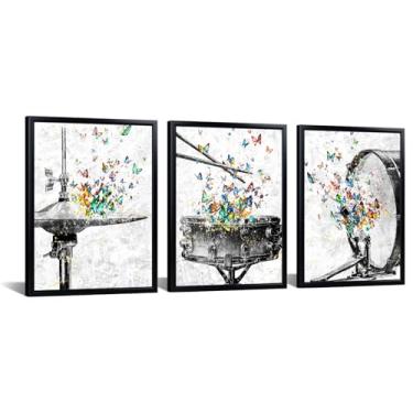 Imagem de KREATIVE ARTS Impressão em tela de bateria musical de 3 peças com moldura preta cada painel 30,5 x 40,6 cm tela emoldurada de borboleta vibrante para sala de aula, quarto, escritório estúdio