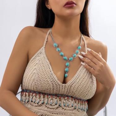 Imagem de Colar vintage com pingente de turquesa sintética, banhado a prata, corrente em forma de Y, boêmia, gargantilha, colar étnico, personalizado, moda, férias, praia, joias, presente para mulheres