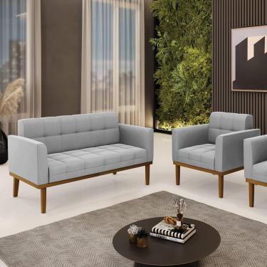 Imagem de Conjunto Poltrona E Namoradeira Decorativas Pés Fixo Em Madeira Castanho Suede Cinza