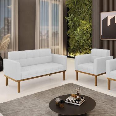 Imagem de Conjunto Poltrona E Namoradeira Decorativas Karen Pés Fixo Em Madeira Castanho Linho Cinza G19 - Gran Belo