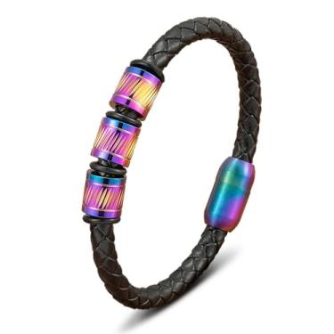 Imagem de Deelfel Pulseira masculina trançada de couro preto de aço inoxidável, acessório de moda estilo ocidental, One Size, Couro, Sem Pedra Preciosa