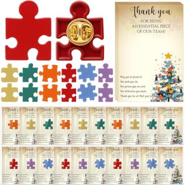 Imagem de Solsew 100 conjuntos de presentes de agradecimento de funcionários a granel peças de quebra-cabeça alfinetes de lapela cartões de agradecimento sacos de organza para prédio de apreciação de equipe