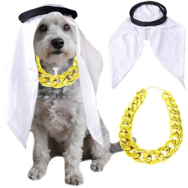 Imagem de Fantasia de príncipe árabe para cães e gatos pequenos - lenço de cabeça Shemagh ajustável e colar dourado, para festivais e festas de animais de estimação (branco)