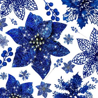 Imagem de 40 peças de decorações de árvore de Natal glitter flores poinsétia artificiais caules de bagas de natal clipes de poinsétia galho de baga artificial hastes com fio azevinho bagas para guirlanda de natal decoração de casamento (azul)