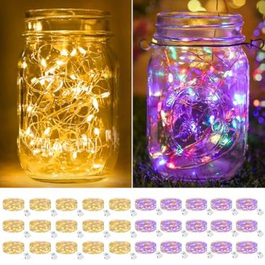 Imagem de btfarm Pacote com 30 luzes de fada operadas por bateria [3 modos], 2,1 m, 20 luzes de LED cintilantes, à prova d'água, pequeno, fio de prata para potes de pedreiro de Natal, mesa de casamento, branco