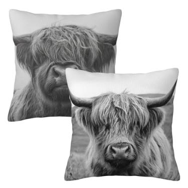 Imagem de KiuLoam Capas de almofada de vaca Highland cinza preto 45,72 cm x 45,72 cm conjunto de 2 almofadas decorativas rústicas para ambientes externos neutros para decoração de sofá-cama