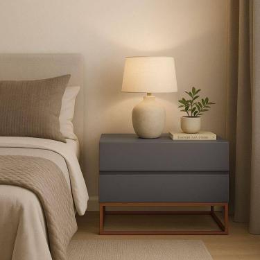 Imagem de Mesa De Cabeceira Retrô Alto Padrão Com 2 Gavetas Base Cobre Cinza